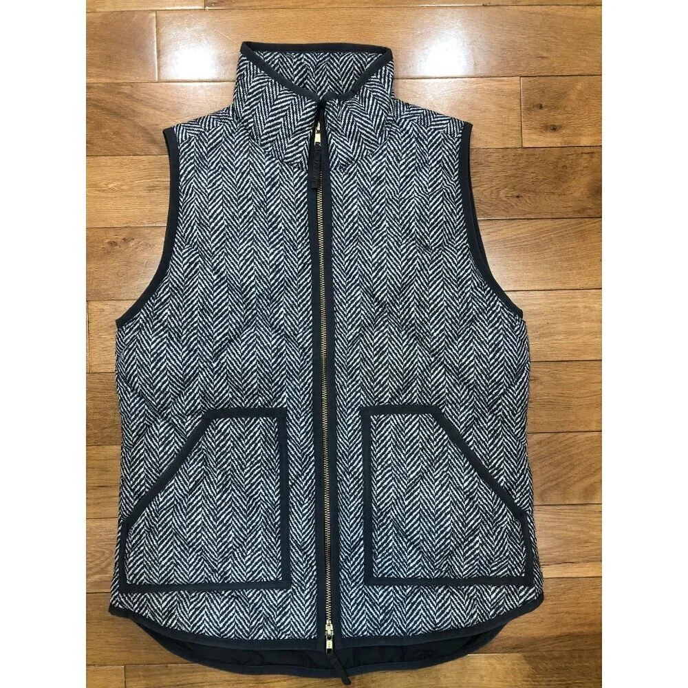 J Crew Down Filled Lightweight Gray Herringbone Quilted Puffer Vest Size XS